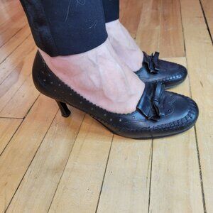 San Marina French Black Leather Bow Loafer Heels 39 (approximately US 8-8.5)